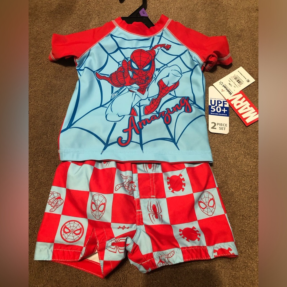 Marvel Spider-Man Rash Guard Two-Piece swim Set - swim shirt & swim trunks